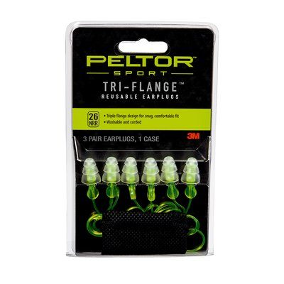 Peltor Sport Tri-Flange Corded Reusable Earplugs Neon Yellow 3 pair/pk