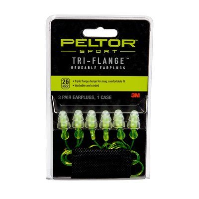 Peltor Sport Tri-Flange Corded Reusable Earplugs Neon Yellow 3 pair/pk