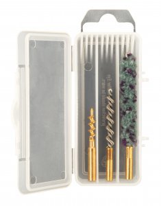 Cleaning kit containing wool mop, spear-pointed brass jag and springbrush for cal..22l.r. with inside thread1/8''