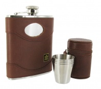 6oz Spanish leather Hip Flask with Engraving Plate and Cups in a case